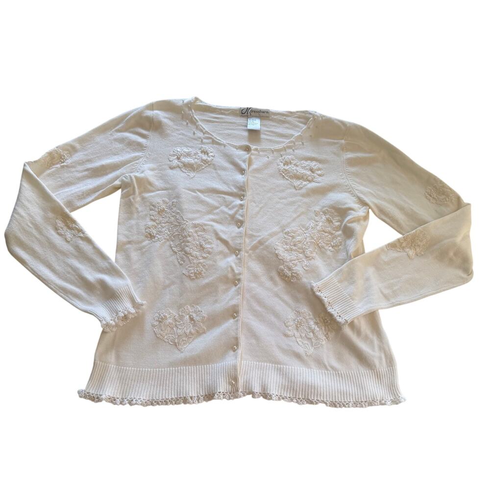 Vtg Y2K 2000s White Lace Heart Beaded Cardigan Sweater Sz M Cottagecore Whimsy